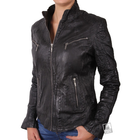 Ladies Croc Black Leather Biker Jacket - Ciara