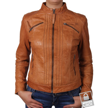 Ladies Tan Leather Biker Jacket - Sophie