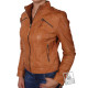 Ladies Tan Leather Biker Jacket - Sophie