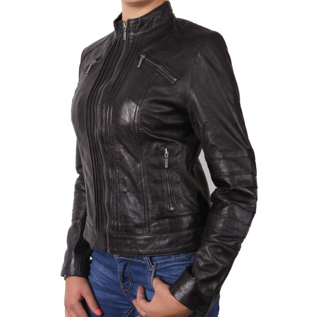 Ladies Black Leather Biker Jacket - Sophie
