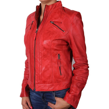 Ladies Red Leather Biker Jacket - Sophie