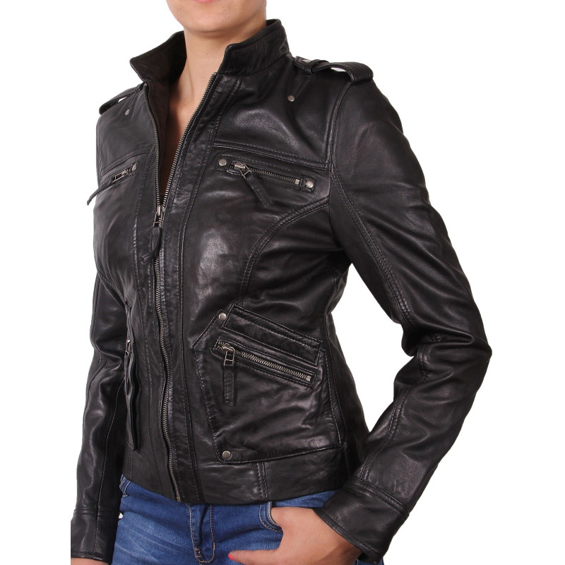 Women Black Stylish Real Leather Biker Jacket