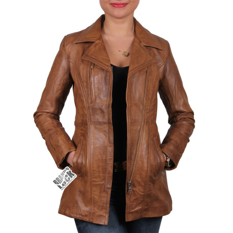 Ladies Tan Leather Biker Jacket - Mellisa