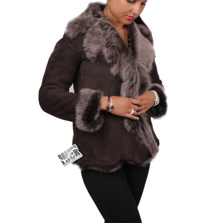 Ladies Brown-Silver Toscana Sheepskin Leather Fur Gilet