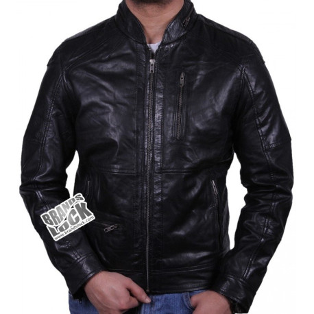 Men's Black Leather Biker Jacket - Calvin