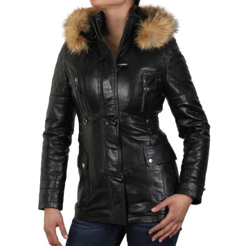 Womens Black Removable Collar  Real Leather Biker Jacket