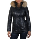 Womens Navy Removable Collar  Real Leather Biker Jacket
