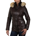 Womens Brown  Removable Collar  Real Leather Biker Jacket