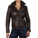 Womens Detachable Hooded Real Leather Brown Biker Jacket