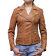Ladies Tan Leather Biker Jacket - Moss