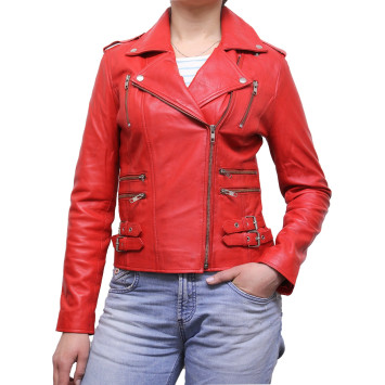 Women Red Classic Real Leather Biker Jacket Designer Look