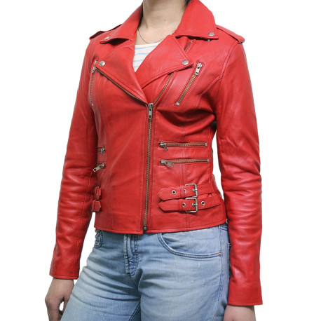Ladies Red Leather Biker Jacket - Moss