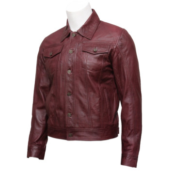 Mens Leather Stylish Biker jacket Coat Burgundy-Tyler