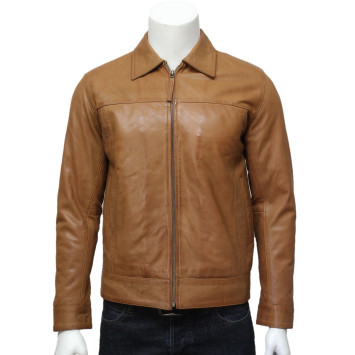 Mens Classic Leather Biker Jacket Harrington Tan-