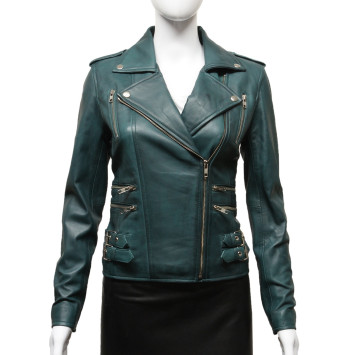 Women Teal Classic Real Leather Biker Jacket Designer Look
