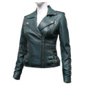 Women Teal Classic Real Leather Biker Jacket Designer Look