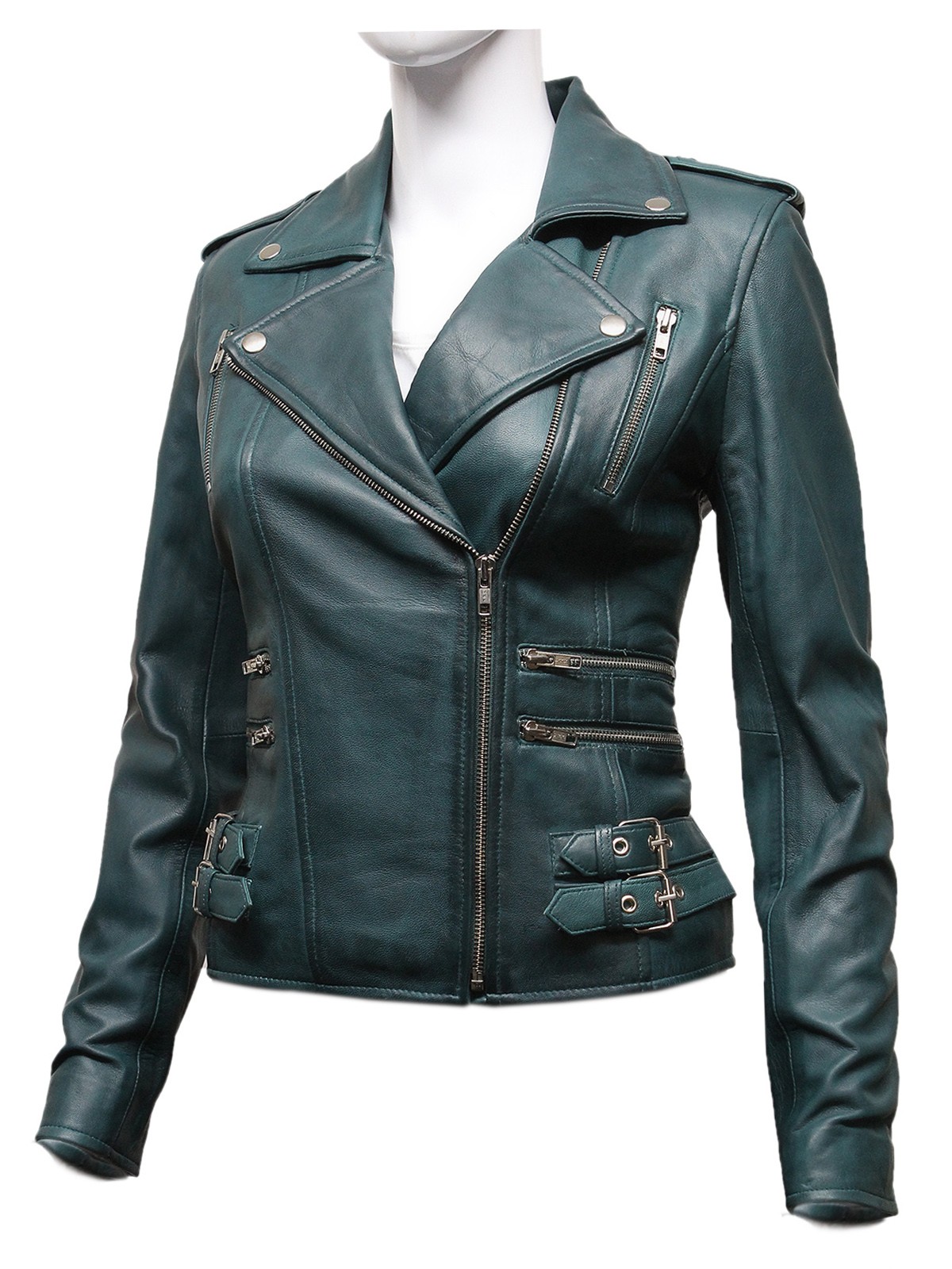 Ladies Teal Real 100% Lamb Nappa Leather Biker Jacket 