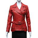 Ladies Red Leather Biker Coat Style Jacket 