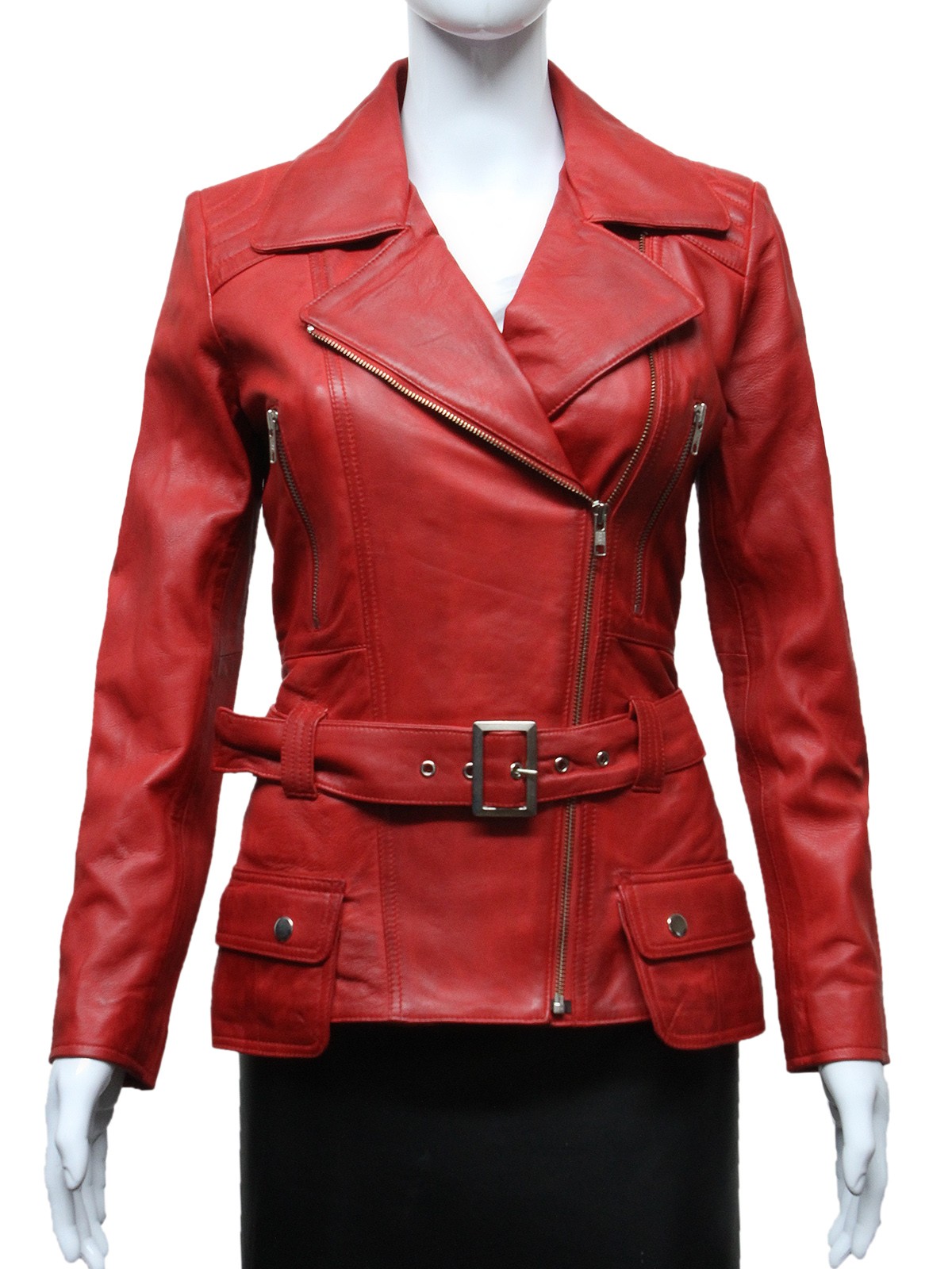 Women Red Leather Biker Jacket _ Jermyn - Brandslock
