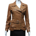 Ladies Tan Leather Biker Coat Style Jacket 