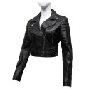 Ladies  Puffed Leather Biker Jacket Black-Tereza