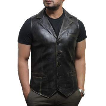 Men's Vintage Black Smart Leather Waistcoat Designer Fit-Ansel
