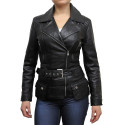 Ladies Black Leather Biker Coat Style Jacket 