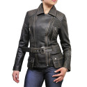 Ladies Black Rubb Off Leather Biker Coat Style Jacket 