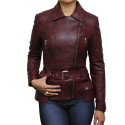 Ladies Burgundy Leather Biker Coat Style Jacket 
