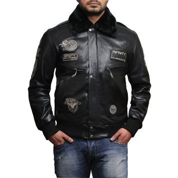 Mens Leather Bomber Jacket Genuine Cowhide Removable Collar
