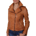 Women Classic Tan  real Leather Biker Jacket Designer Look