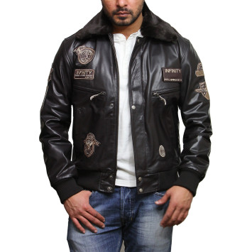 Mens Leather Bomber Jacket Genuine Cowhide Removable Collar