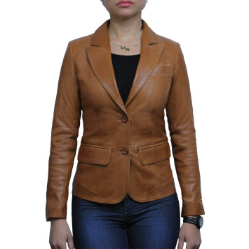 Women Classic Tan Real Leather Blazer Coat Style Jacket