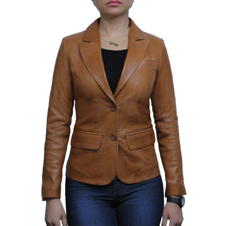 Ladies Brown Leather Blazer Jacket - Emely