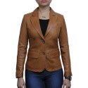 Women Classic Tan Real Leather Blazer Coat Style Jacket