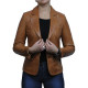 Ladies Brown Leather Blazer Jacket - Emely