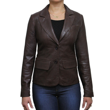 Women Brown Leather Blazer Jacket - Emely