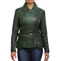 Ladies Olive Leather Biker Coat Style Jacket 