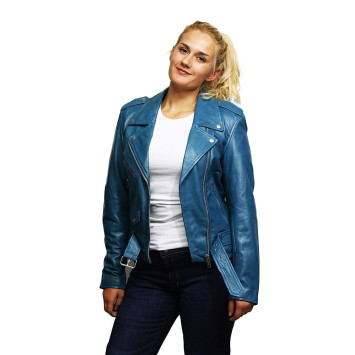 Womens Brando Blue Real leather Biker Jacket Casual Look 