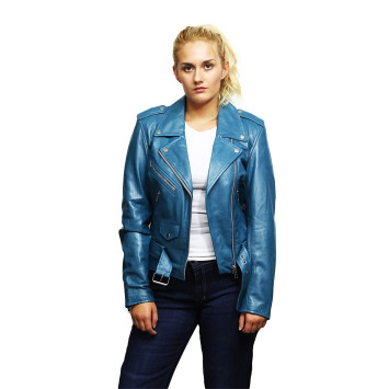 Womens Brando Blue Real leather Biker Jacket Casual Look 