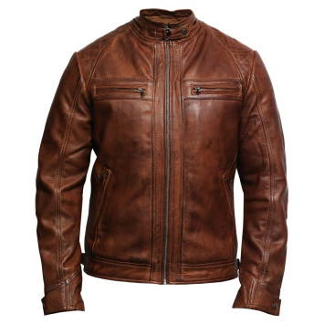 Men's Genuine Leather Biker Jacket Waxed Brando