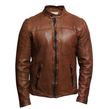  Mens Genuine Leather Biker Jacket Black Waxed Slim Fit Distressed