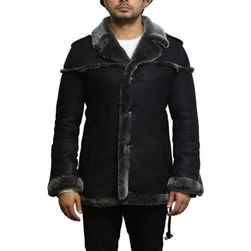  Mens Genuine Shearling Sheepskin Leather Warm Duffle Trench Coat Thick Inner