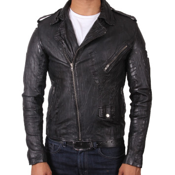 Men’s Leather Biker Jacket Croc Black - Zack