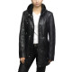 Women's Black Leather Parka Mid-Length Quilted Removable Hooded Trench Coat