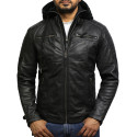 Men’s Black Leather Hooded Jacket - Cigar