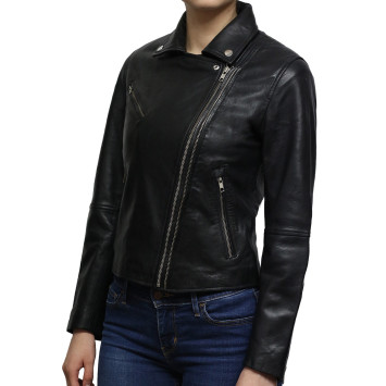 Women’s Black Short Geunine Leather Biker Jacket 