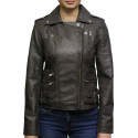 Women Nappa Leather Biker Jacket Grey Brando Retro