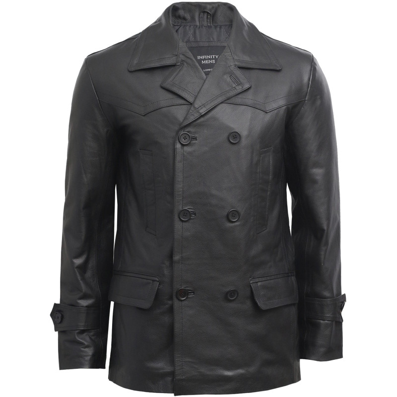 Mens Leather Long Coat Military World War 2 Style