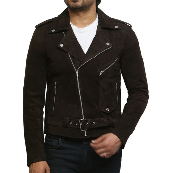 Brandslock Mens Cross Zip Belted Motorcycle Suede Leather Vintage jacket